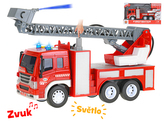 Auto hasiči 27cm 1:16 stříkající vodu na setrvačník na baterie se světlem a zvukem v krabičce