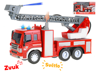Auto hasiči 27cm 1:16 stříkající vodu na setrvačník na baterie se světlem a zvukem v krabičce