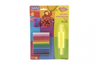 Modelína/Plastelína Nara 100g 12ks s vykrajovátky 2ks s válečkem, 1 sada na kartě 18,5x26cm