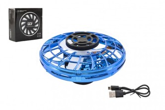 Ufo vracející se modré plast reagující na pohyb ruky s USB kabelem v krabičce 12x12x5cm