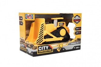 Stavební stroj buldozer plast 20cm na setrvačník na bat. se světlem se zvukem v krabičce 21x14x11cm