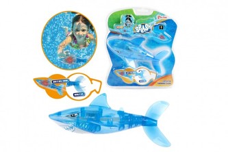 Žralok na natažení plast 10cm na potápění na baterie se světlem v blistru