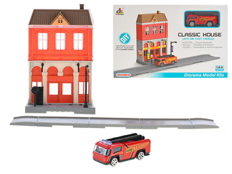 Hasičská stanice skládací s autem hasiči 7cm kov na volný chod v krabičce