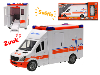 Auto ambulance 27cm na setrvačník na baterie se světlem a zvukem a doplňky v krabičce