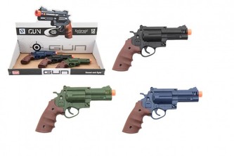 Pistole/revolver plast 17x11cm na baterie se zvukem se světlem 3 barvy 12ks v boxu