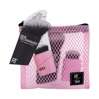 Real Techniques Brushes kosmetický štětec na make- up RT Go Multitask Face 1 ks + kosmetický štětec na tvářenku RT Go Multitask Cheek + kosmetická taštička