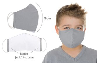 Ústní rouška dětská , bavlněná na gumičku s vnitřní kapsou - Uni šedá - délka oblouku 11cm