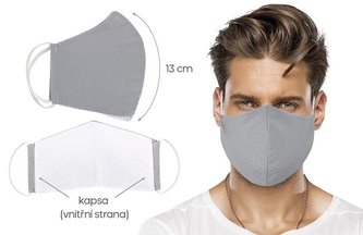 Ústní rouška dětská , bavlněná na gumičku s vnitřní kapsou - Uni šedá - délka oblouku 13cm