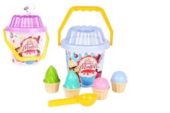Sada na písek plast kbelík, lopatka, bábovky 2 barvy v síťce 20x21x20cm 12m+