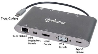 MANHATTAN Dokovací stanice USB-C na HDMI, Mini DP, VGA, 3xUSB 3.0, USB-C PD port, RJ 45, Card Reader, 3,5 mm
