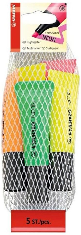 STABILO NEON 5 ks Síťka ,2 žlutá, 1 růžová,oranžová, zelená