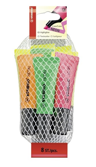 STABILO NEON 8 ks Síťka 4 žlutá, 2 zelená, 1 oranžová, růžová