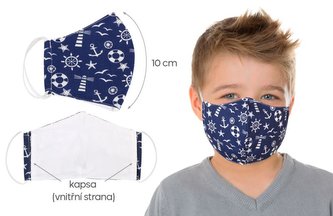 Ústní rouška dětská , chlapecká 4-6 let bavlněná na gumičku s vnitřní kapsou - modrá kotva - délka oblouku 10cm