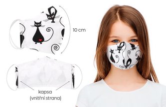 Ústní rouška dětská , dívčí 4-6 let bavlněná na gumičku s vnitřní kapsou - kočičky - délka oblouku 10cm