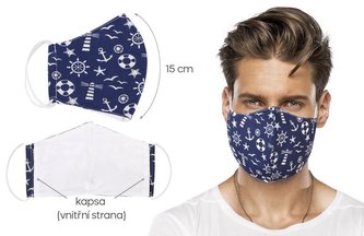 Ústní rouška bavlněná na gumičku s vnitřní kapsou - modrá kotva - délka oblouku 15cm