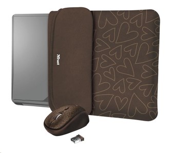 TRUST myš + obal na notebook Yvo Reversible 15.6” Laptop Sleeve and Wireless Mouse - Brown Hearts